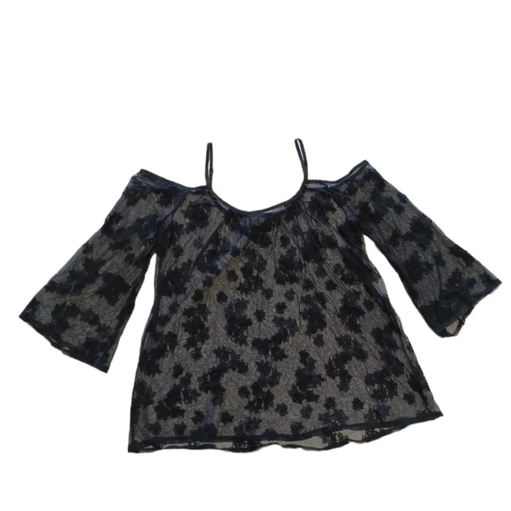 Torrid Black Sheer Lace Embroidered Cold Shoulder  Blouse Size 2